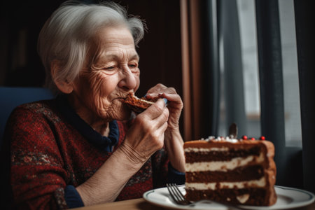 a woman casually enjoying a slice of cake, created with generative aiの素材