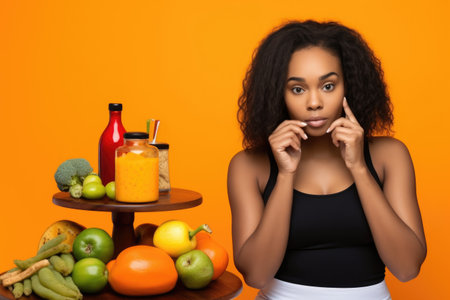 food, weight loss and healthy with a black woman on orange background for health or wellness, created with generative aiの素材