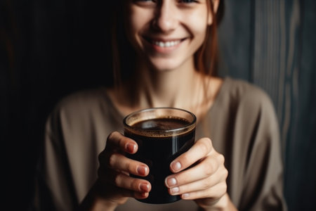 vitamin, smile and woman drinking black coffee with milk for breakfast, natural energy boost or healthy drink, created with generative aiの素材