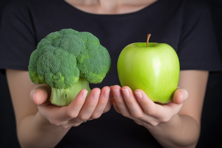 woman, broccoli and an apple for a balanced diet in the form of vegan nutrition or plant based food, created with generative aiの素材