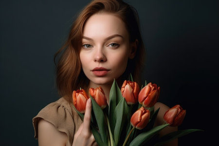 portrait of a beautiful young woman holding a bunch of tulips, created with generative aiの素材
