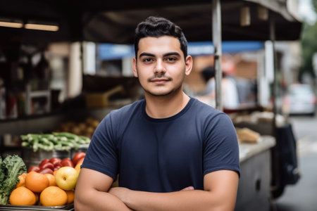 portrait of a confident young man standing in front of his food cart, created with generative aiの素材