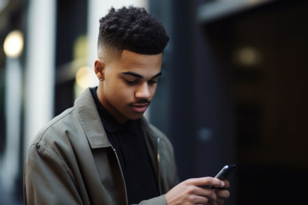 shot of a young man using a smartphone while working as an entrepreneur, created with generative aiの素材