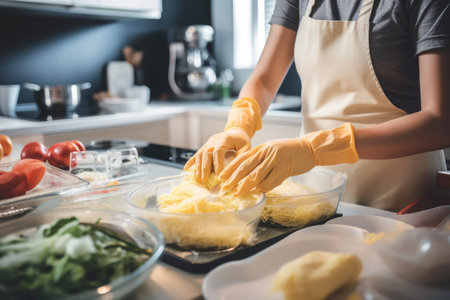 shot of a young woman using plastic gloves while preparing food, created with generative aiの素材