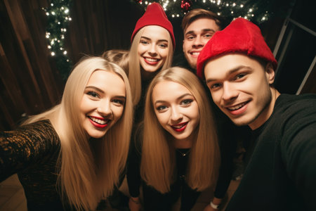 shot of a group of young people taking selfies together on christmas, created with generative aiの素材