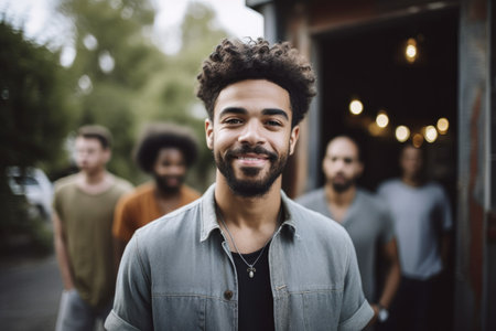 shot of a man standing outside with his friends, created with generative aiの素材