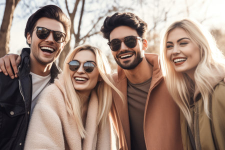 portrait of a group of happy friends enjoying time together outdoors, created with generative aiの素材
