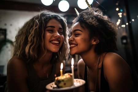 shot of two young women celebrating at a birthday party, created with generative aiの素材