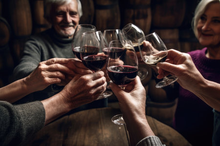 cropped shot of a unrecognisable group raising their wine glasses to toast, created with generative aiの素材