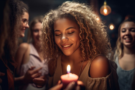 shot of a happy young woman celebrating her birthday with friends, created with generative aiの素材