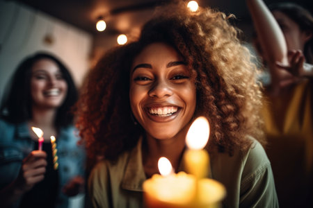 shot of a happy young woman celebrating her birthday with friends, created with generative aiの素材