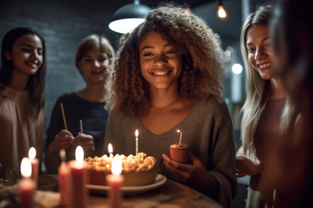 shot of a happy young woman celebrating her birthday with friends, created with generative aiの素材