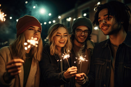 shot of a group of friends celebrating with sparklers outside at night, created with generative aiの素材