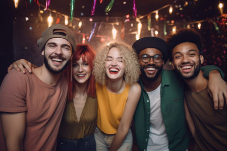 portrait of smiling people enjoying party together, created with generative aiの素材