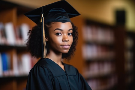 university, education or black woman in a library for research or reading on graduation day, created with generative aiの素材