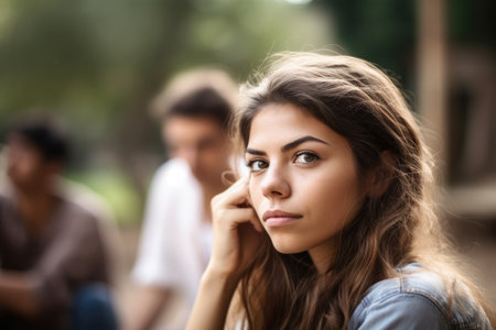 young woman thinking outside with friends in the background, created with generative aiの素材