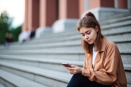 university, student and chatting on social media or texting text message for communication, created with generative aiの素材