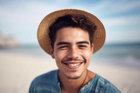 portrait of a cheerful young man enjoying his summer break outside, created with generative aiの素材