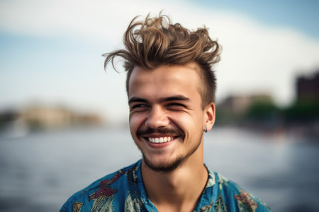 portrait of a cheerful young man enjoying his summer break outside, created with generative aiの素材