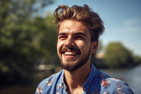 portrait of a cheerful young man enjoying his summer break outside, created with generative aiの素材