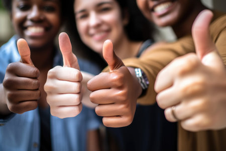 hands, phone and thumbs up for support, agree or join in from diversity students, created with generative aiの素材