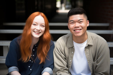 portrait of two smiling students sitting outside on campus, created with generative aiの素材