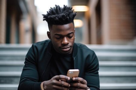 black man, chill and phone on campus with connection, social media and relax, created with generative aiの素材