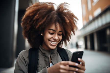 happy, phone and young student texting for social media connection with a smile at college, created with generative aiの素材
