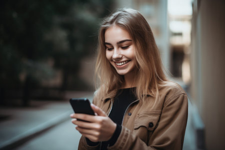 happy, phone and young student texting for social media connection with a smile at college, created with generative aiの素材