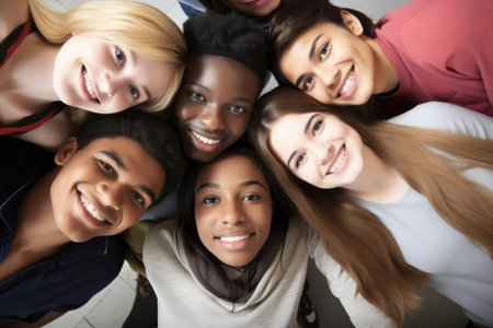 high angle portrait of a group of students standing in a huddle, created with generative aiの素材