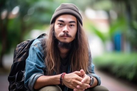 grunge, portrait and university student with backpack at campus building for education and learning, created with generative aiの素材