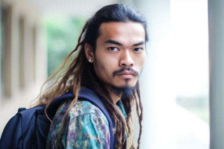 grunge, portrait and university student with backpack at campus building for education and learning, created with generative aiの素材