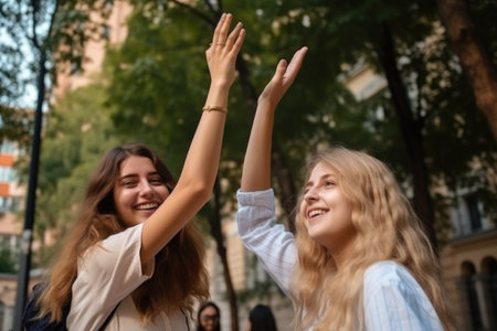 college, friends and women high five, happiness and celebration of success at campus, created with generative aiの素材
