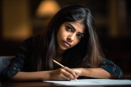 cute indian student studying for an exam at a table in the library, created with generative aiの素材