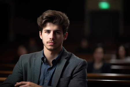 handsome young man in a lecture hall on campus, created with generative aiの素材
