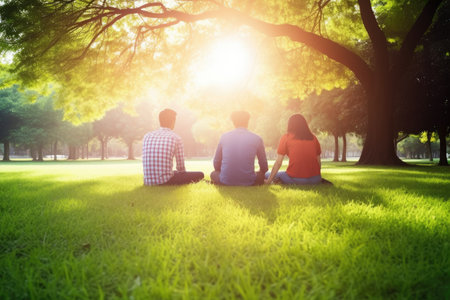 university, friends and students in the park for fun, vacation or break at university, created with generative aiの素材