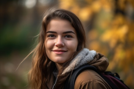 student, smile and outdoor education with happy a young woman for learning, knowledge or degrees, created with generative aiの素材