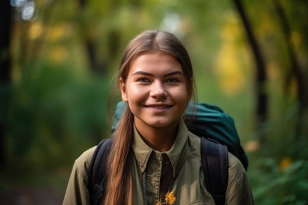 student, smile and outdoor education with happy a young woman for learning, knowledge or degrees, created with generative aiの素材