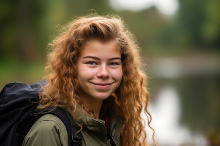 student, smile and outdoor education with happy a young woman for learning, knowledge or degrees, created with generative aiの素材