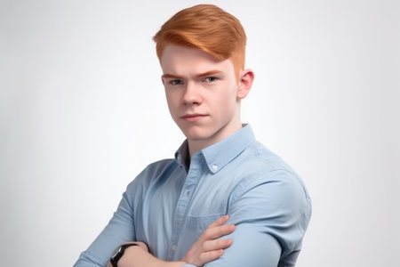 handsome young male student standing against a white background with his arms crossed, created with generative aiの素材