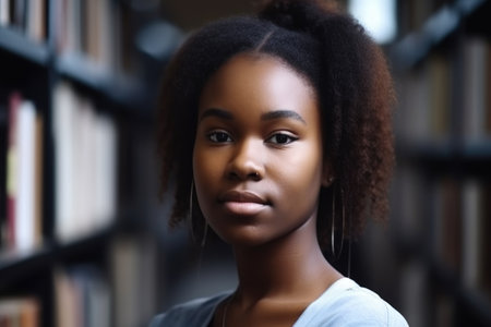learning, education and black woman student in library for books, research and knowledge, created with generative aiの素材