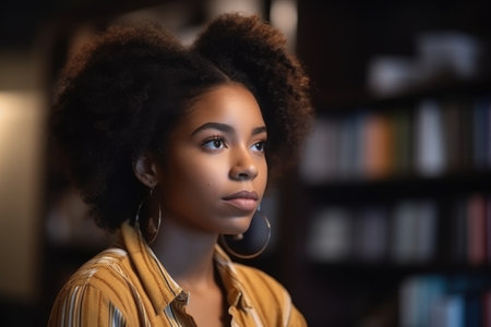 learning, education and black woman student in library for books, research and knowledge, created with generative aiの素材