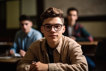 young student sitting in a college classroom with his friends, created with generative aiの素材