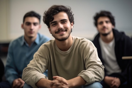 young student sitting in a college classroom with his friends, created with generative aiの素材