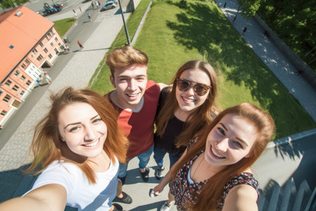 university, friends and selfie on campus for fun in the sun from above, created with generative aiの素材