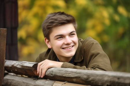 smiling young student leaning on a wooden beam outside, created with generative aiの素材