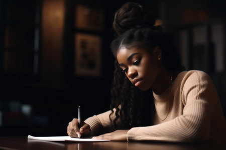education, ivy and black woman writing at a desk in a school for university study or college, created with generative aiの素材