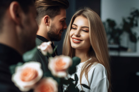 shot of a young woman receiving flowers from her boyfriend, created with generative aiの素材
