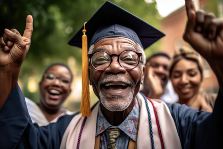 portrait of a mature man wearing glasses celebrating with friends during his graduation, created with generative aiの素材