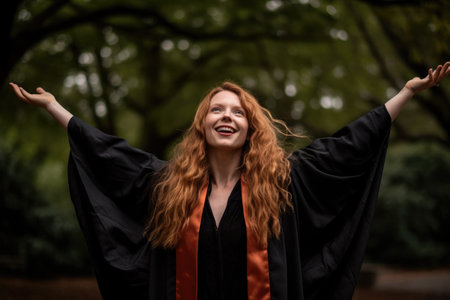 portrait of a graduate with her arms thrown in the air, created with generative aiの素材